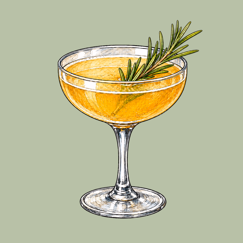 Sunny Woodwalk Cocktail with Rosemary in a coupette glass